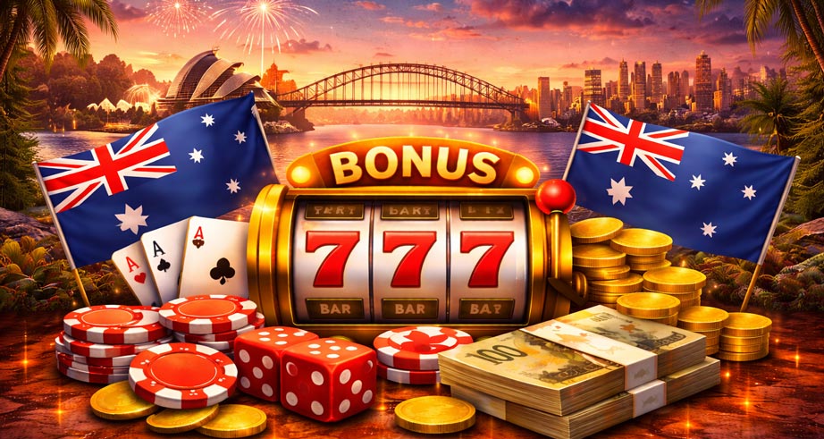 Wide casino-themed banner for Australia featuring a slot machine, poker chips, dice, gold coins, Australian dollar banknotes, and Australian flags with the Sydney skyline and Harbour Bridge at sunset in the background.