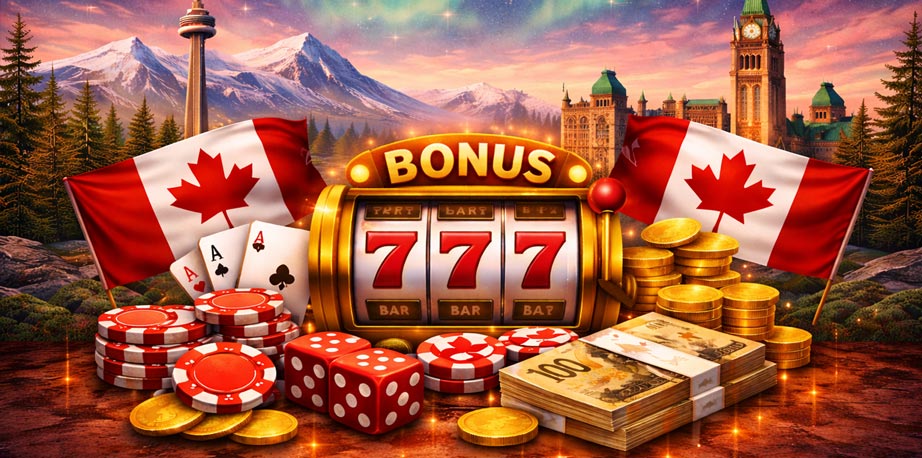 Canadian-themed casino illustration featuring a slot machine, poker chips, dice, gold coins, and Canadian flags with the CN Tower and Parliament buildings in the background under the northern lights